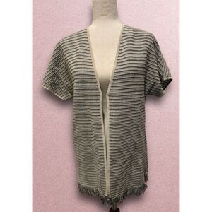 Carlisle Collection Sweater Cardigan Long Black Ivory Striped Fringe Medium